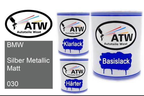 BMW, Silber Metallic Matt, 030: 1L Lackdose + 1L Klarlack + 500ml Härter - Set, von ATW Autoteile West.